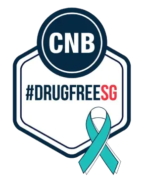 CNB logo with #DRUGFREESG text and a teal ribbon on a dark green background.